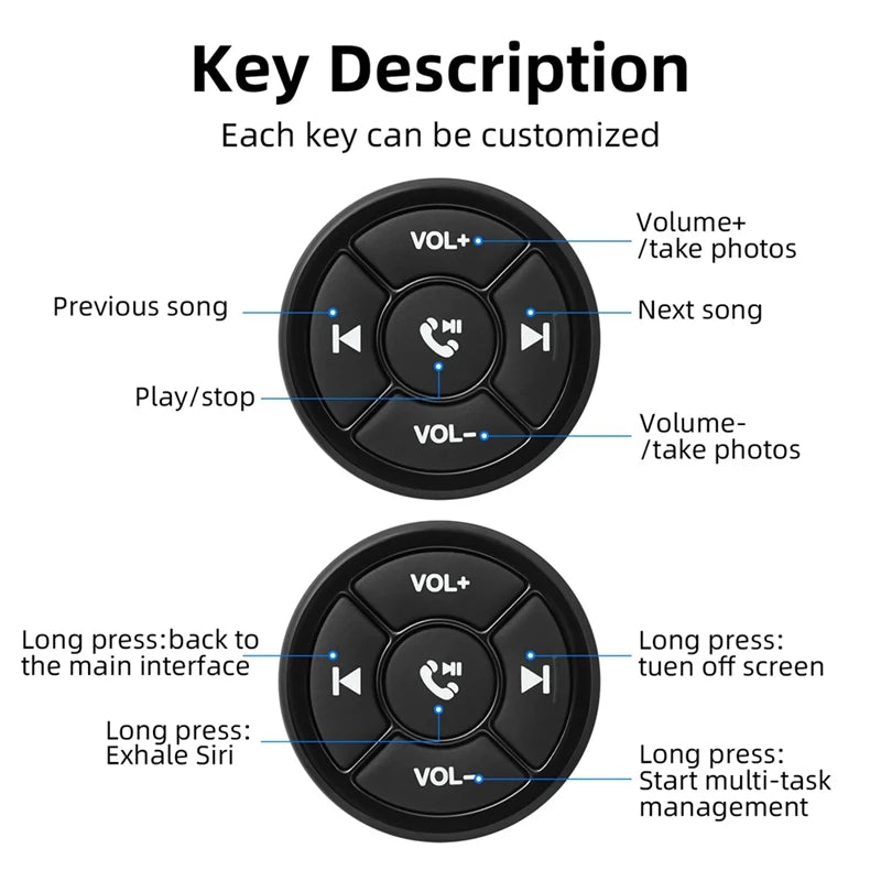Wireless Bluetooth Remote Controller
for Car, Motorcycle, Bike, Media Button, MP3 Music Player,
For iOS and Android Phone and Tablets.
