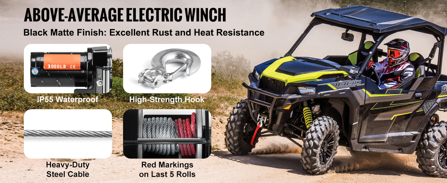 SucceBuy 3000lbs ATV/UTV Electric Winch 12V DC Steel Rope Winch with 39ft Cable Roller Wired Remote Control for Towing Off-Road