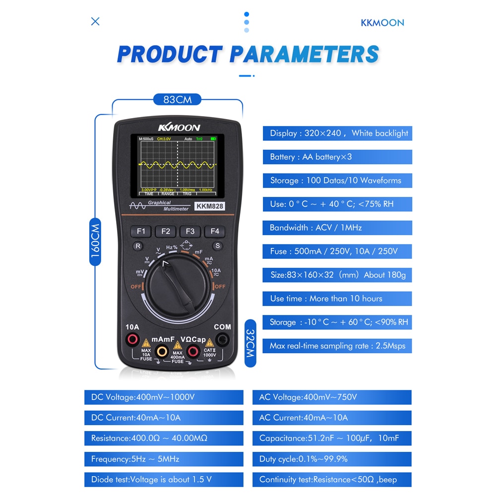 KKM828 Intelligent Graphical Digital Oscilloscope Multimeter 2.4 In Color Screen.