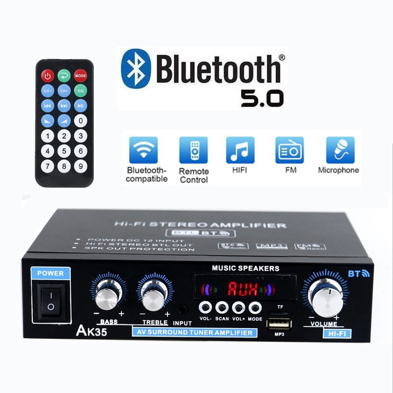 Stereo Amplifier 2 Channel Bluetooth 5.0 Surround Sound FM, USB, Remote Control