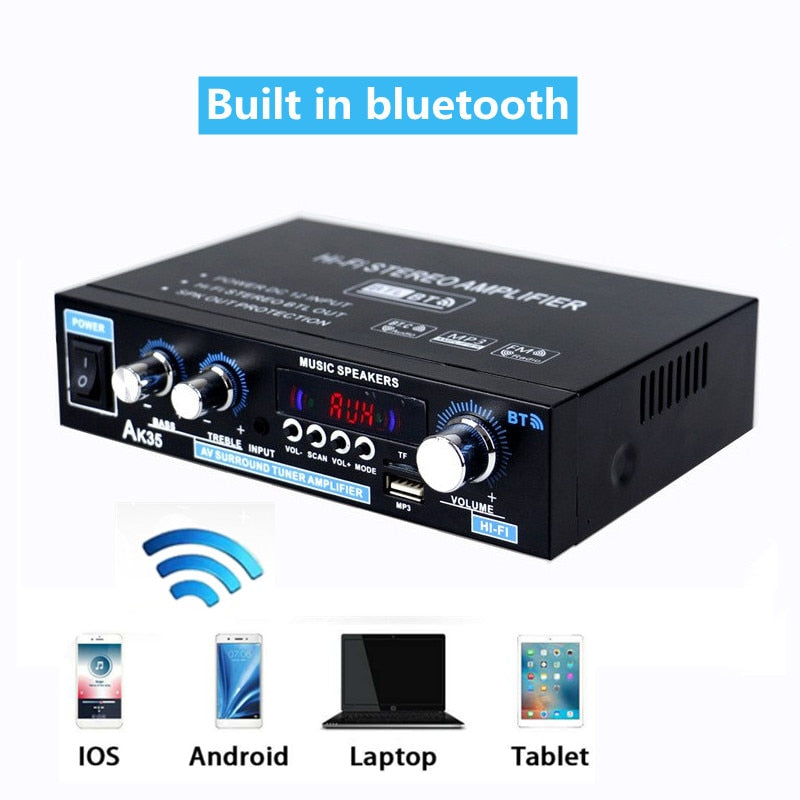 Stereo Amplifier 2 Channel Bluetooth 5.0 Surround Sound FM, USB, Remote Control