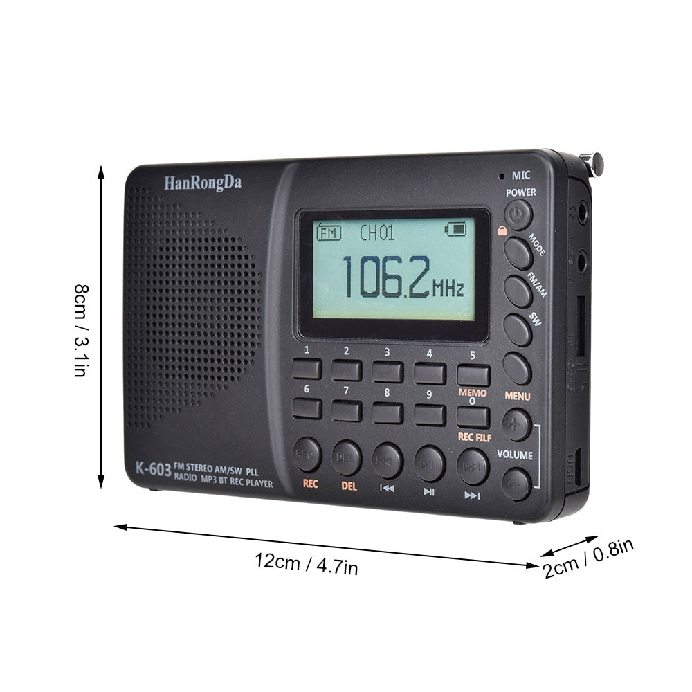 HRD-603 Portable Weather Pocket Radio with AM/FM/SW/BT/TF, USB, Bluetooth, 1000mAh BL-C5 lithium Battery included.