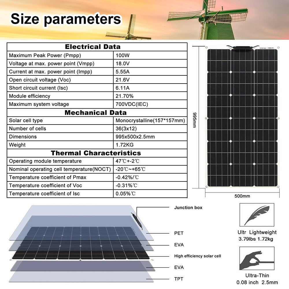 12 Volt Monocrystalline Solar Cell, Flexible Solar Panel