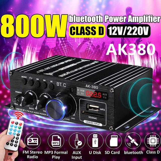 Stereo Amplifier 2 Channel Bluetooth 5.0 Surround Sound FM, USB, Remote Control