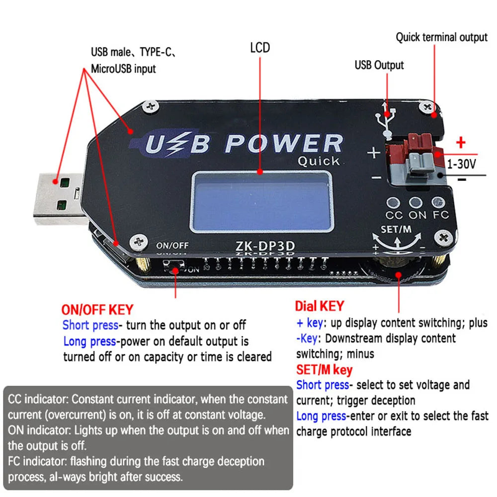 ZK-DP3D CNC USB TYEPE-C DC DC Converter CC CV 1-30V 2A 15W Power Module Adjustable Regulated power supply QC2.0 3.0 AFC