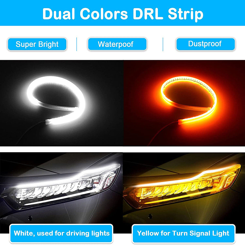 2pcs Car LED DRL Daytime Night Running Light Waterproof Flexible Universal Car Flowing Turning Signal Light Brake LED Strip Lamp
