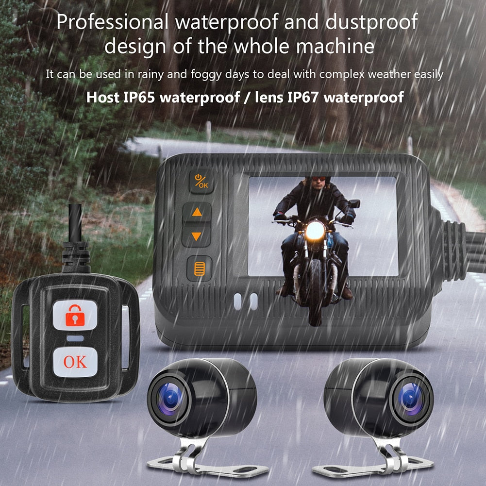 Motorcycle DVR Dash Camera with a 2 inch Display Cam with Front and Rear View.