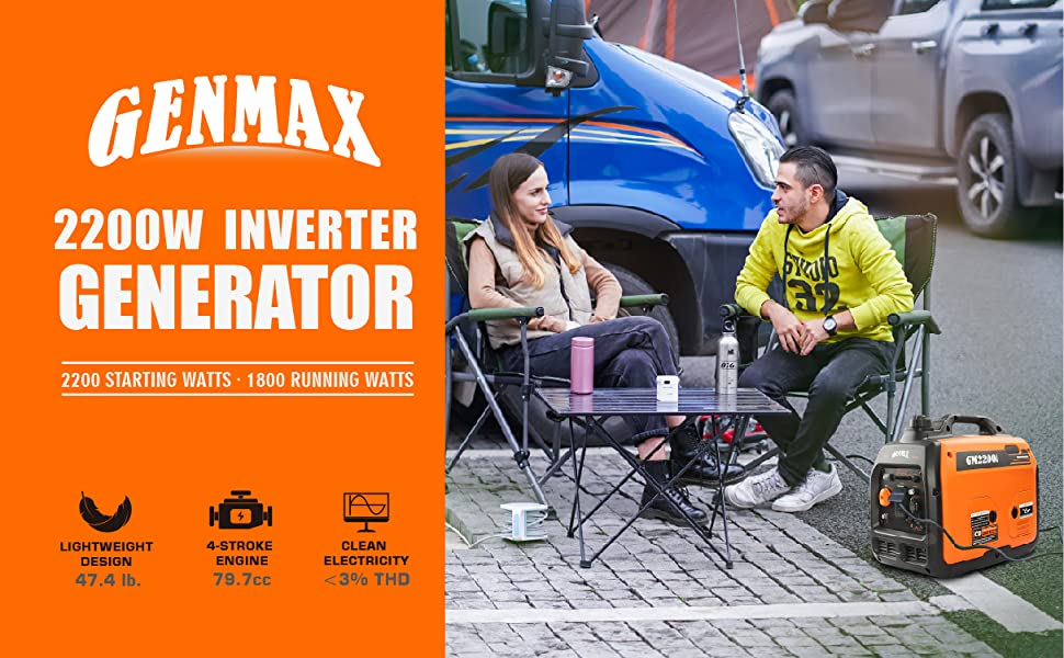 GENMAX Portable Inverter Generator 2200W ultra-quiet gas engine.