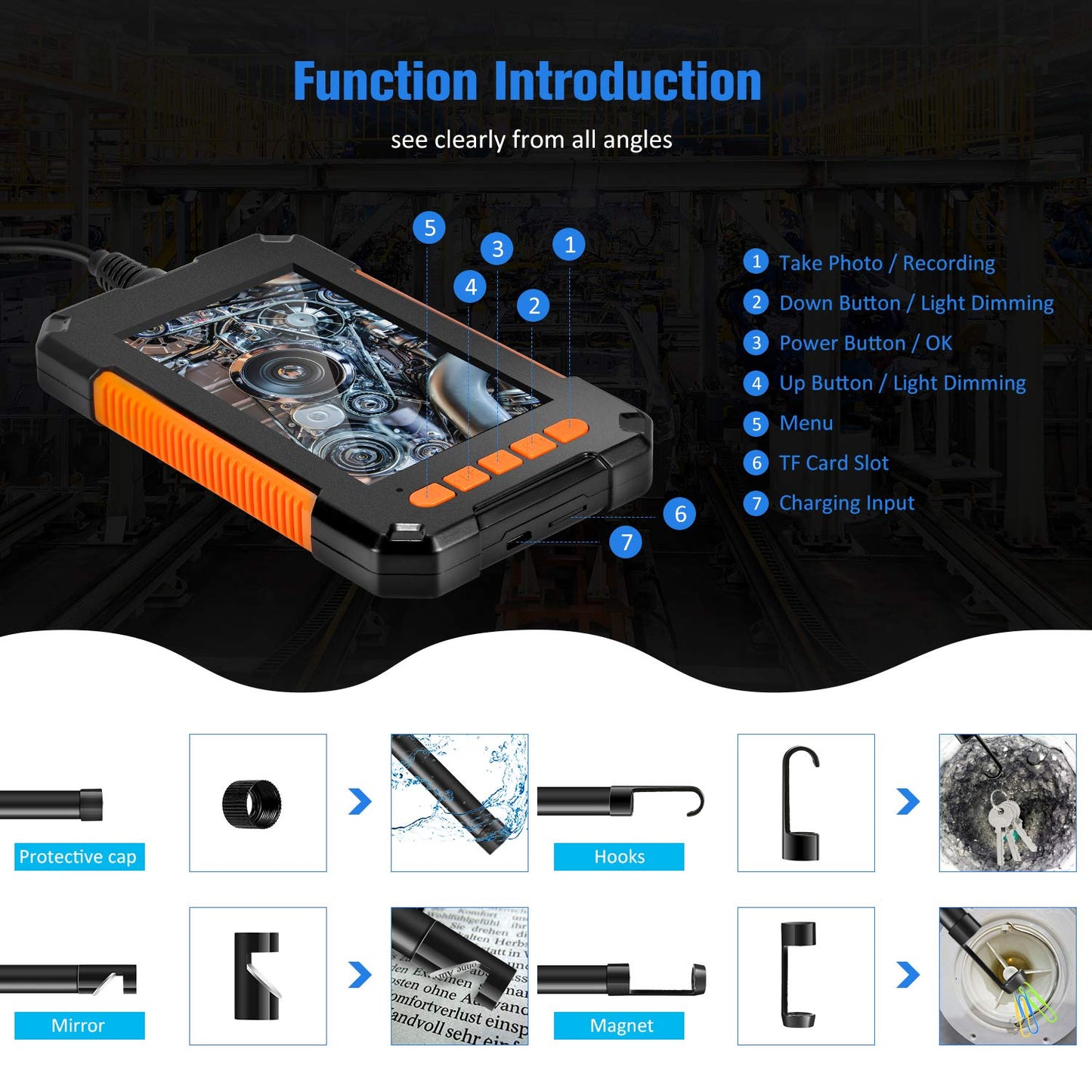 Industrial Endoscope Camera 1080P IP68 Waterproof With 8 LED.