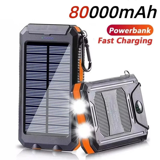 Stay Powered Anywhere You Go!
Solar Power Bank 80000mAh External Portable Power Bank Battery for fast charging Strong LDE flashlight for all Smartphones
