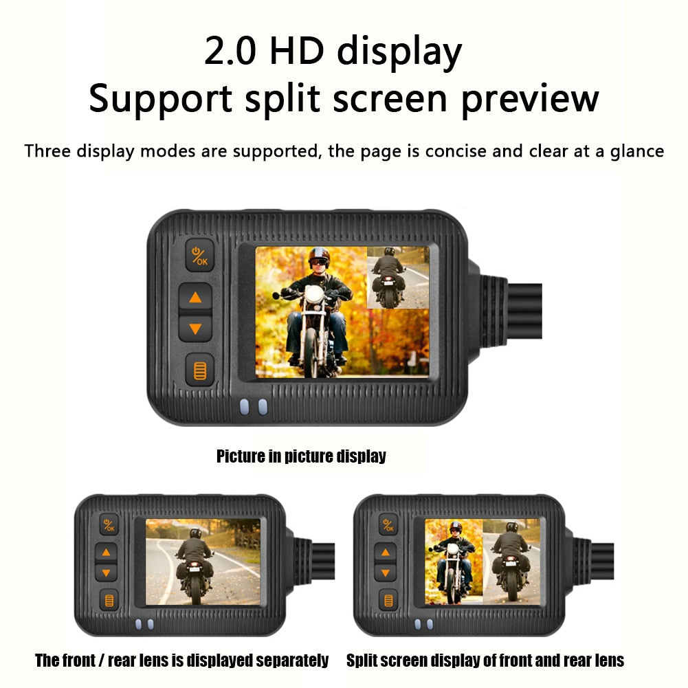 Motorcycle DVR Dash Camera with a 2 inch Display Cam with Front and Rear View.