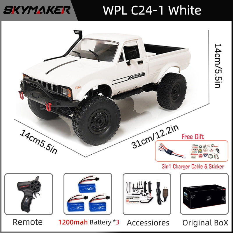 WPL C24-1 Full Scale RC Car 1:16 2.4G 4WD Rock Crawler Electric Buggy Climbing Truck LED Light On-road 1/16 For Kids Gifts Toys