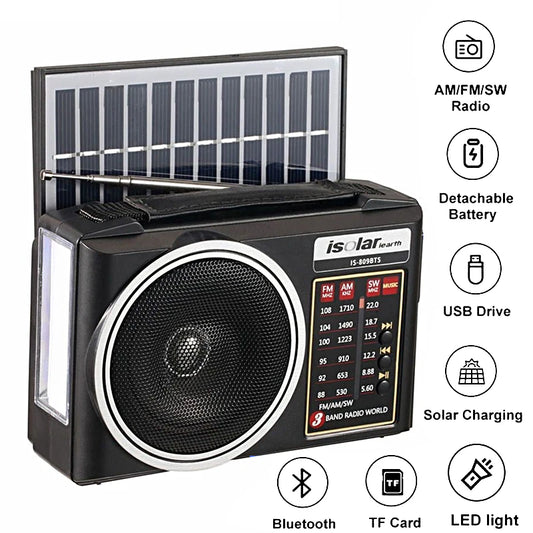Portable JS-5966-Solar FM/AM/SW Radio Solar Charging Multi Band Emergency Radios Bluetooth Speaker with Flashlight TF USB