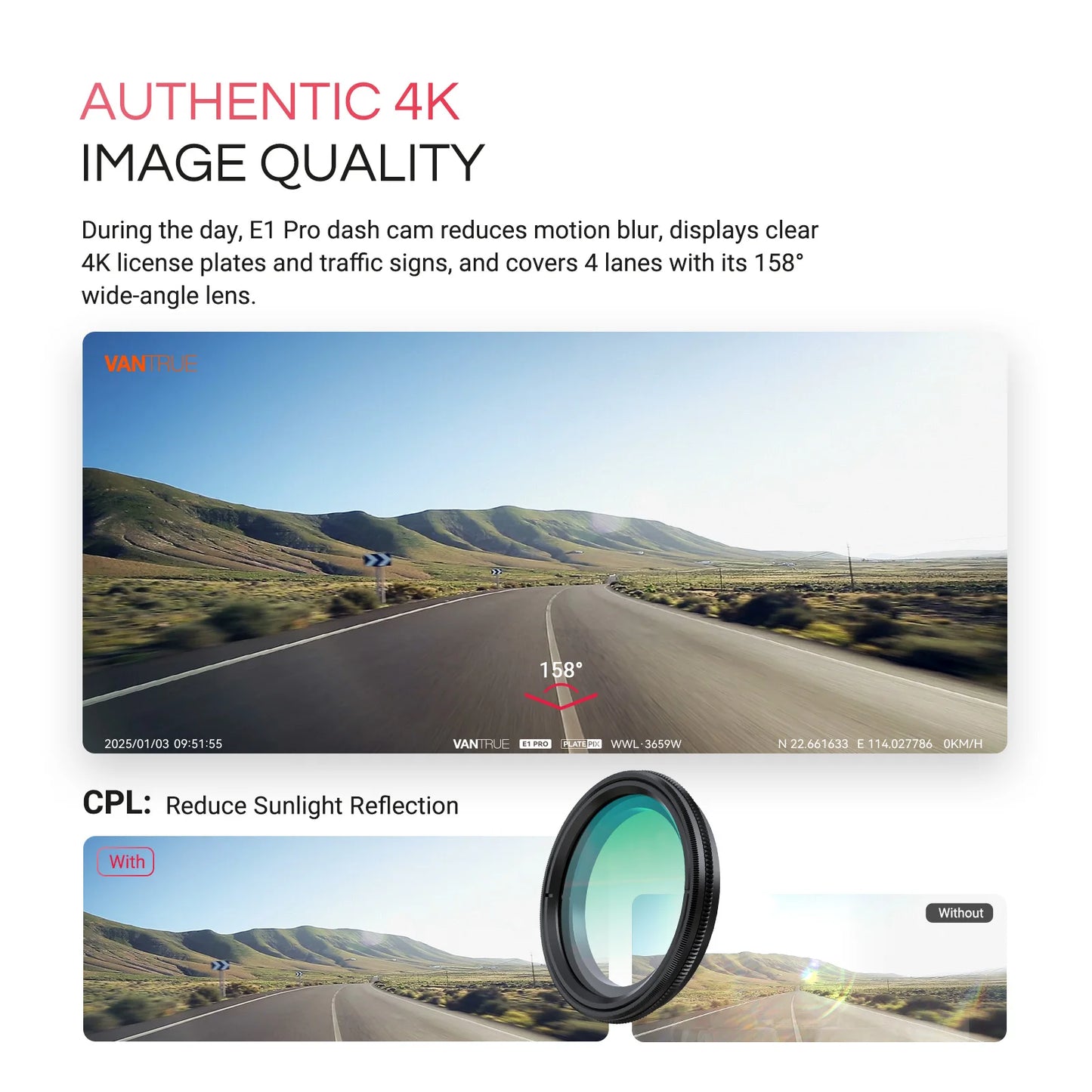 Vantrue E1 Pro 4K Mini DashCam Front STARVIS 2 Plate Pix™ HDR Night Vision Dash Camera for Car 5G WiFi&GPS Support 1TB Max