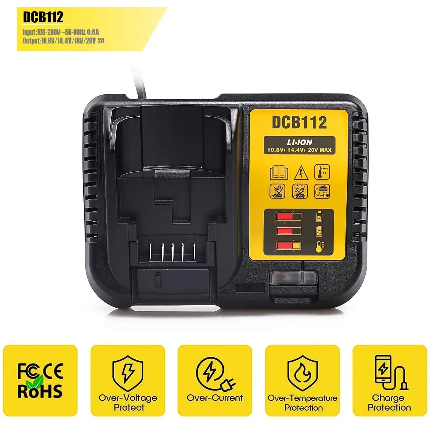 DCB112 Charger For Dewalt Charger Battery 20V 12V 14.4V 18V DCB200 DCB203 DCB205 DCB202 Tool Power Charger 10.8V 2A Replacement