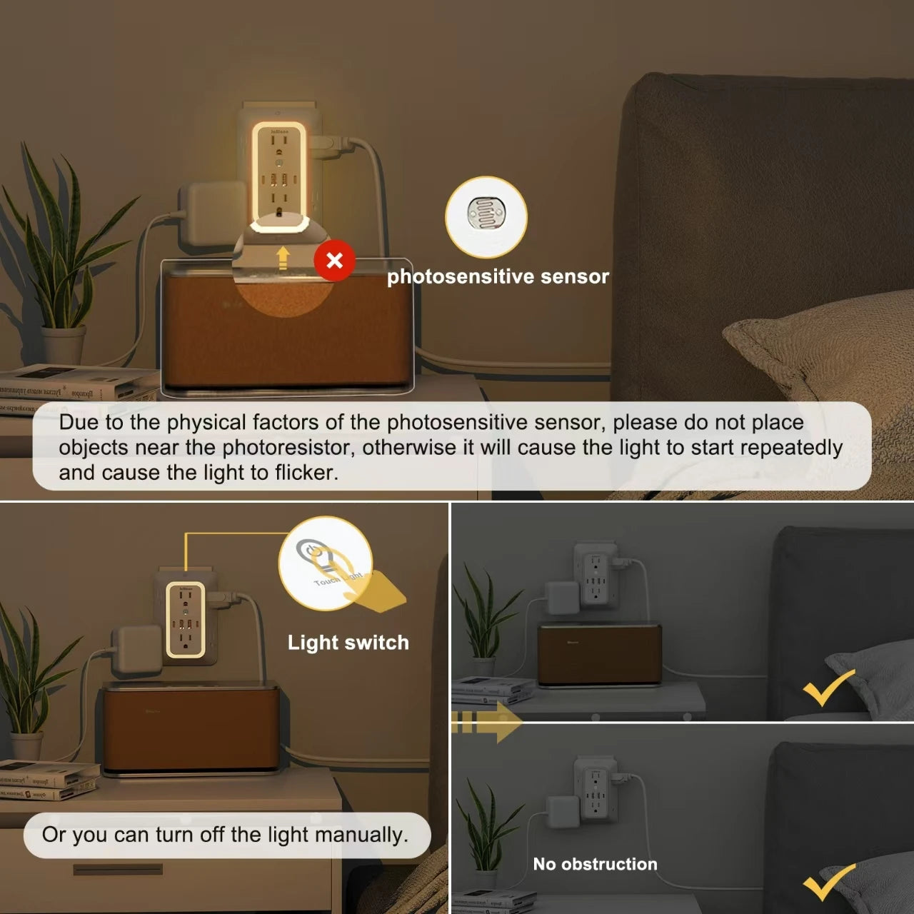 US AC Plug with Induced Light Wall Mounted Power Strip Multi-sockets Network Filter with USB Charging Network Filter Adapter
