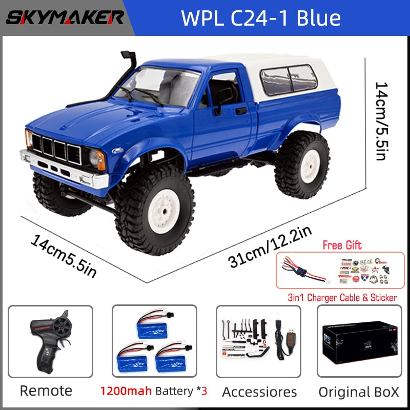 WPL C24-1 Full Scale RC Car 1:16 2.4G 4WD Rock Crawler Electric Buggy Climbing Truck LED Light On-road 1/16 For Kids Gifts Toys