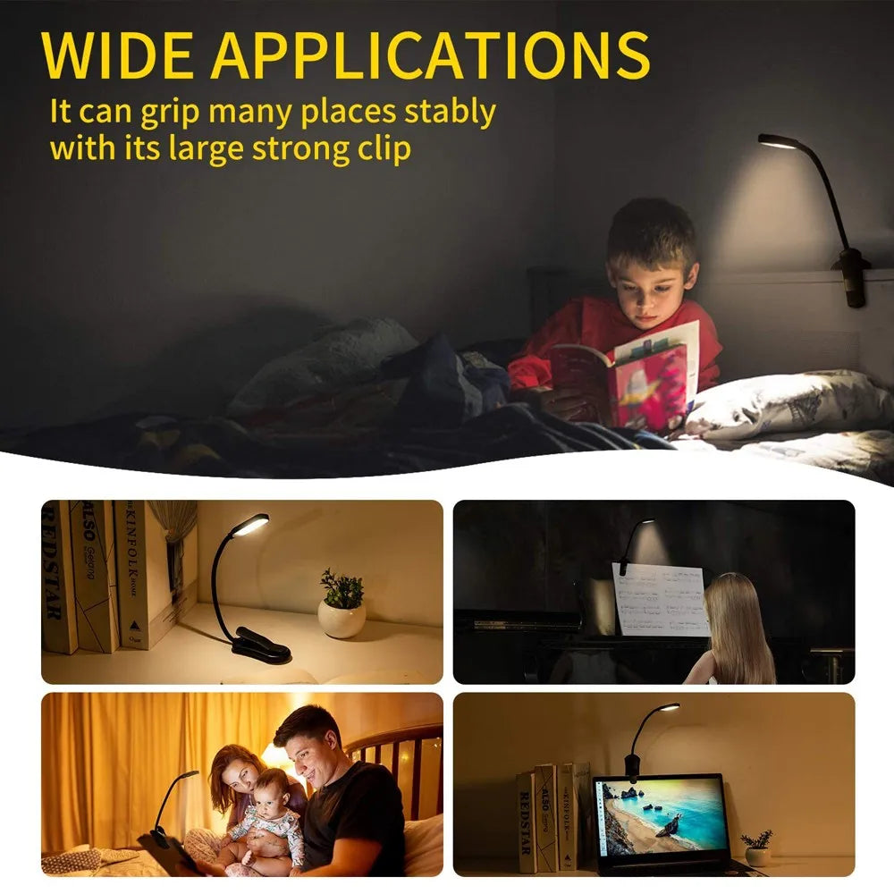 LED Book Light USB Rechargeable Reading Light 3-Level Warm Cool White Daylight Portable Flexible Easy Clip Night Reading Lamp
