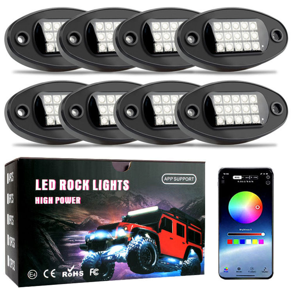 RGB LED Rock Lights for UTV SUV ATV Truck Car Under glow Lights Music Sync APP Control for IOS and Android Phone