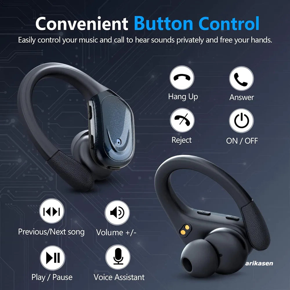 Wireless Ear buds Sport Bluetooth 5.3 Headphones with Noise Cancelling Mic 75H HiFi Stereo Over Ear Bud LED Display USB-C IPX6