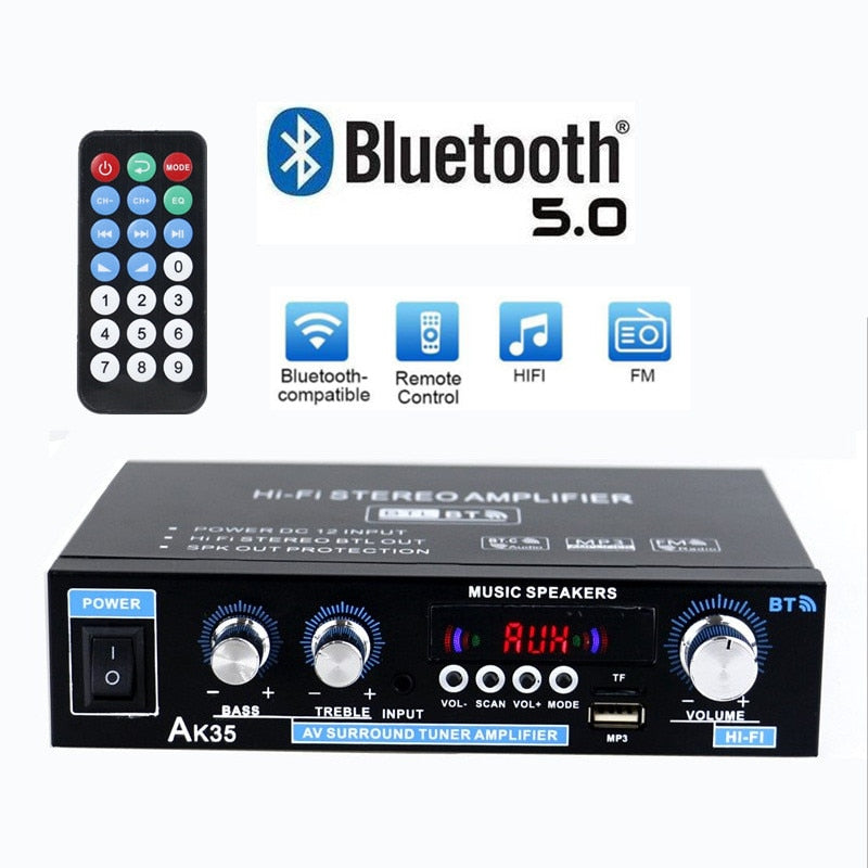 Stereo Amplifier 2 Channel Bluetooth 5.0 Surround Sound FM, USB, Remote Control