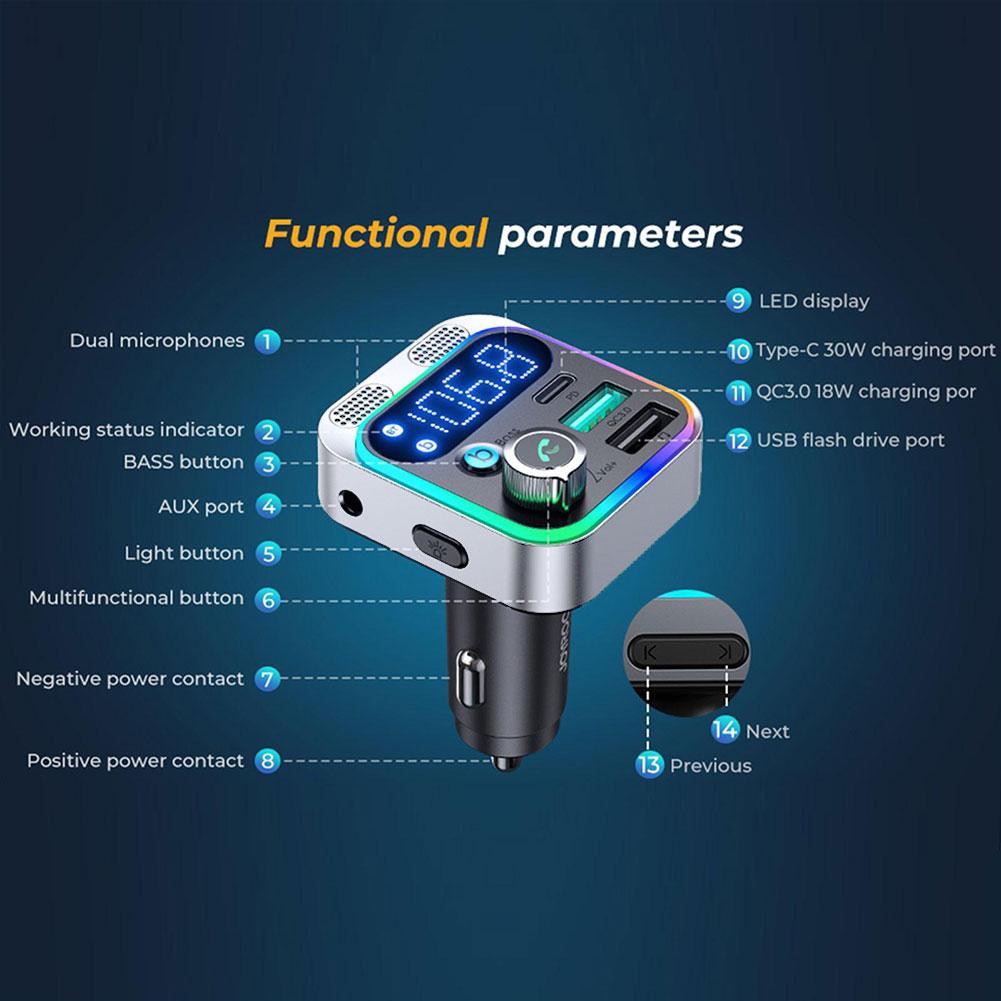 Bluetooth-compatible 5.0 FM Transmitter Adapter Deep Bass Sound Car Wireless Transmitter