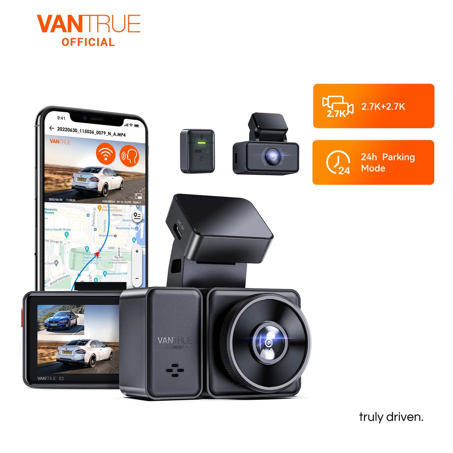 Vantrue E2 Dashcam Front and Rear 2.7K + 2.7K Dual Dash Camera Voice Control WiFi GPS Night Vision 2.0 24H Parking Mode