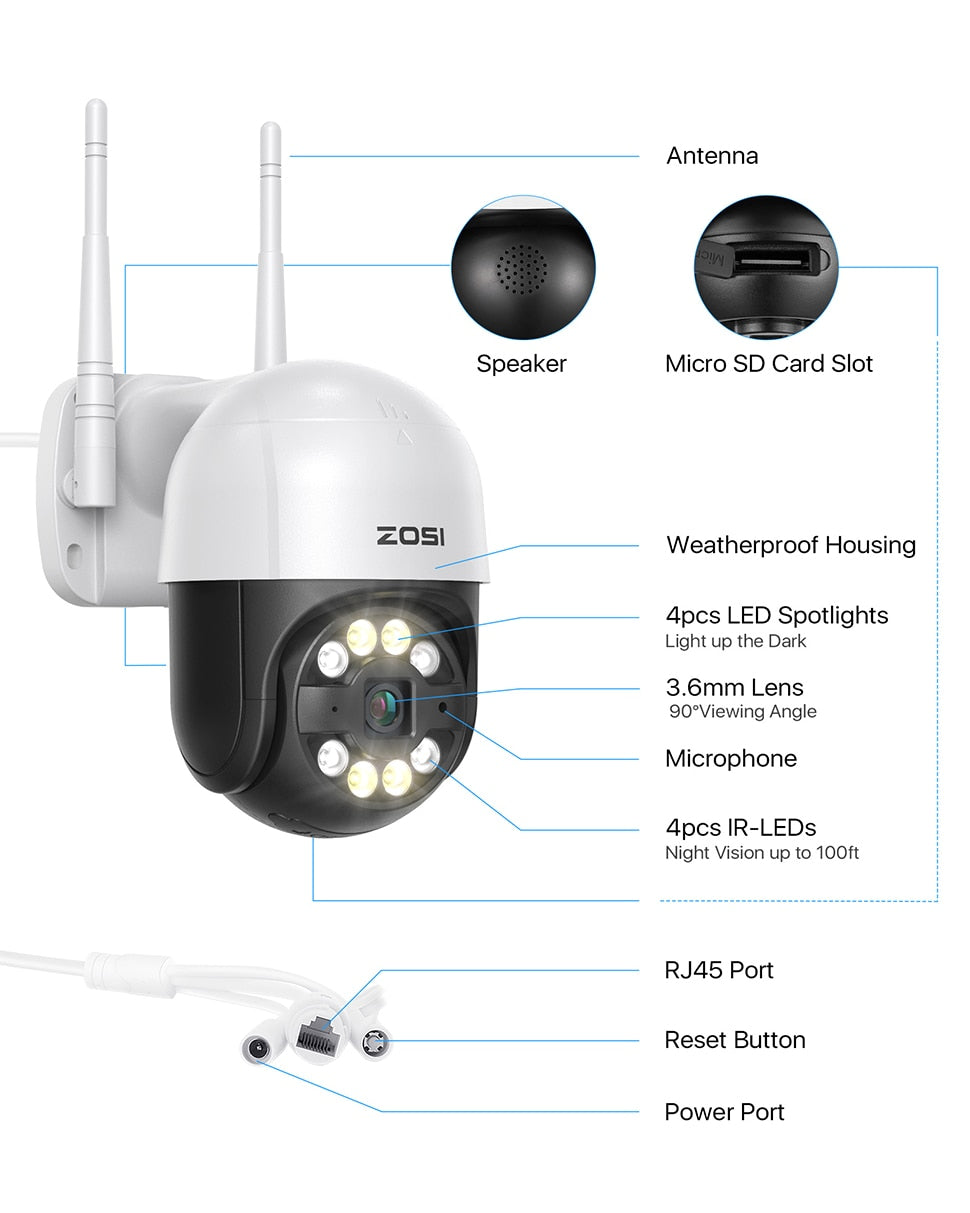 ZOSI Wifi PTZ Camera 2MP 3MP Starlight Night Vison Surveillance Camera.