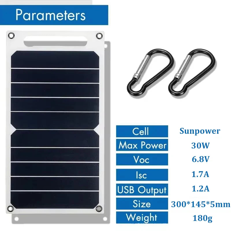 30Watt Solar Panel With USB Waterproof Outdoor Hiking And Camping Portable Battery Mobile Phone Charging Bank Charging Panel 6.8V
