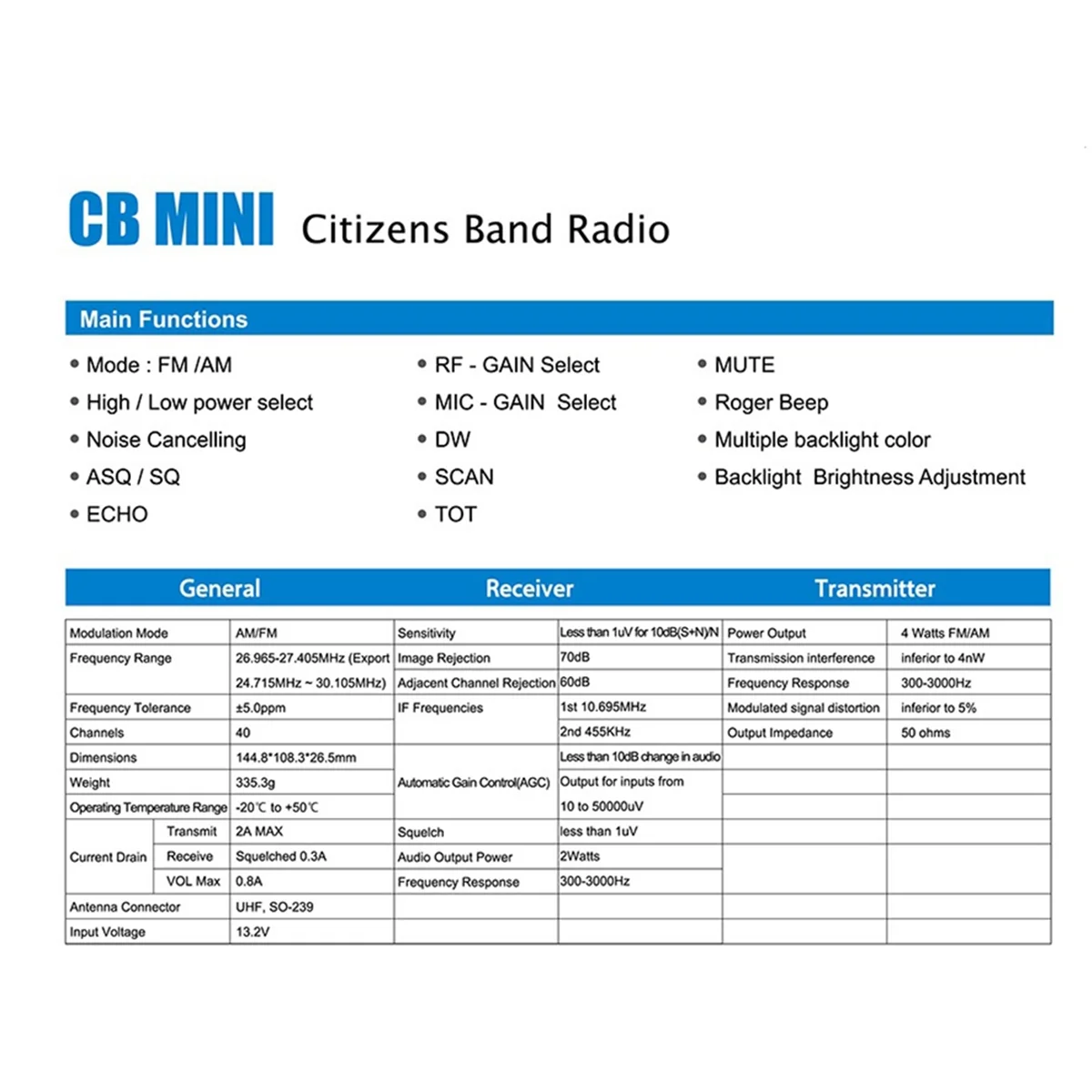 AS62 27M Radio 27MHz CB Radio Mobile Transceiver 40 Channel FM AM Modulation Mini Citizen Band Walkie Talkie