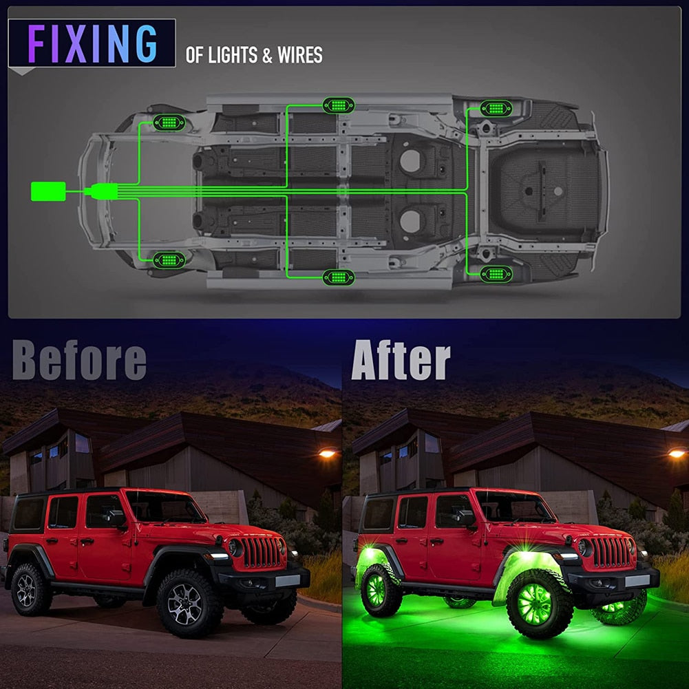 RGB LED Rock Lights for UTV SUV ATV Truck Car Under glow Lights Music Sync APP Control for IOS and Android Phone