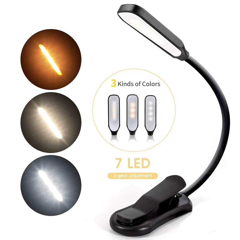LED Book Light USB Rechargeable Reading Light 3-Level Warm Cool White Daylight Portable Flexible Easy Clip Night Reading Lamp