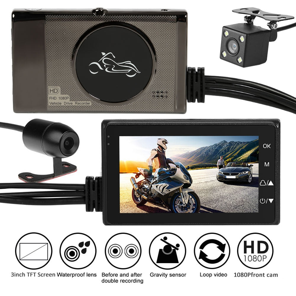 Motorcycle DVR Dash Camera with a 2 inch Display Cam with Front and Rear View.