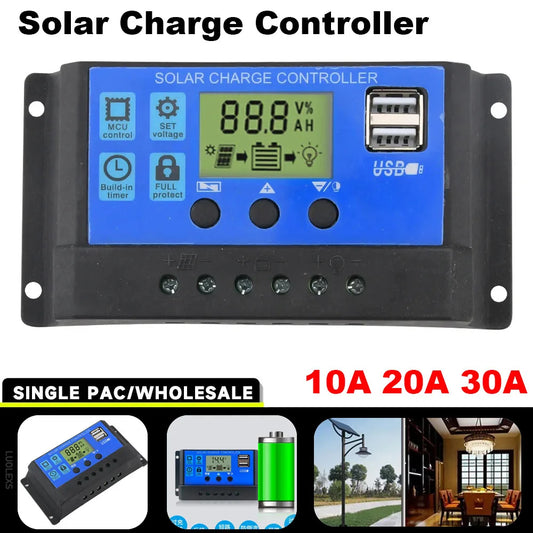 Solar Charge Controller 12V/24V 30A/20A/10A Auto LCD Dual USB 5V Output Photovoltaic Panel Regulator Load Discharger for Renewable Energy Systems