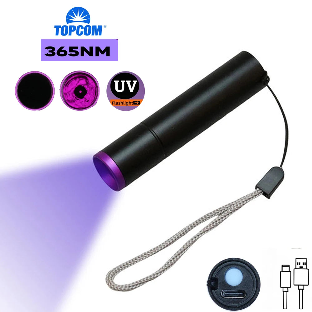 TOPCOM USB Rechargeable UV Flashlight 365nm UV Light 3W Ultraviolet LED Lantern With Black Filter Lens Money Pet Urine Detect