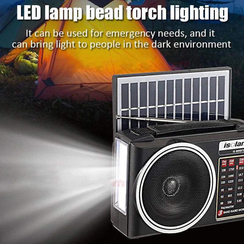 Portable JS-5966-Solar FM/AM/SW Radio Solar Charging Multi Band Emergency Radios Bluetooth Speaker with Flashlight TF USB
