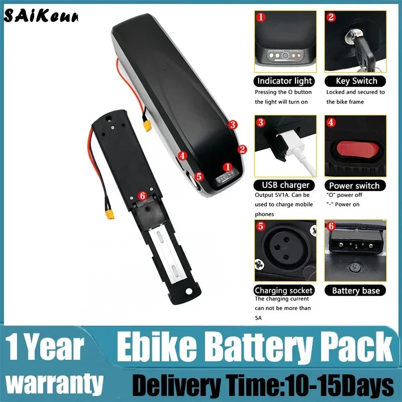 Original Electric Bike 36v48v52v Electric Bike Down Tube Battery 16 20 25 30ah 40 50 60ah 2000W Lithium Battery with 5A Charger