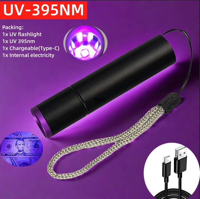 TOPCOM USB Rechargeable UV Flashlight 365nm UV Light 3W Ultraviolet LED Lantern With Black Filter Lens Money Pet Urine Detect
