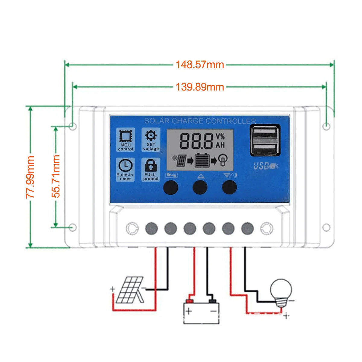 Professional Solar Panel Controller Battery Charge Regulator 2USB 12V/24V 10A~100A Photovoltaic Street Lamp Control System