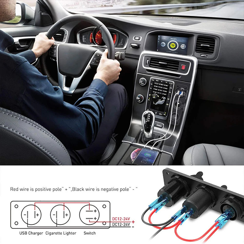 12V Cigarette Lighter Socket 3 in 1 Waterproof Car Dual QC3.0 USB Outlet Panel for RV Marine Boat Power Socket Charger Socket