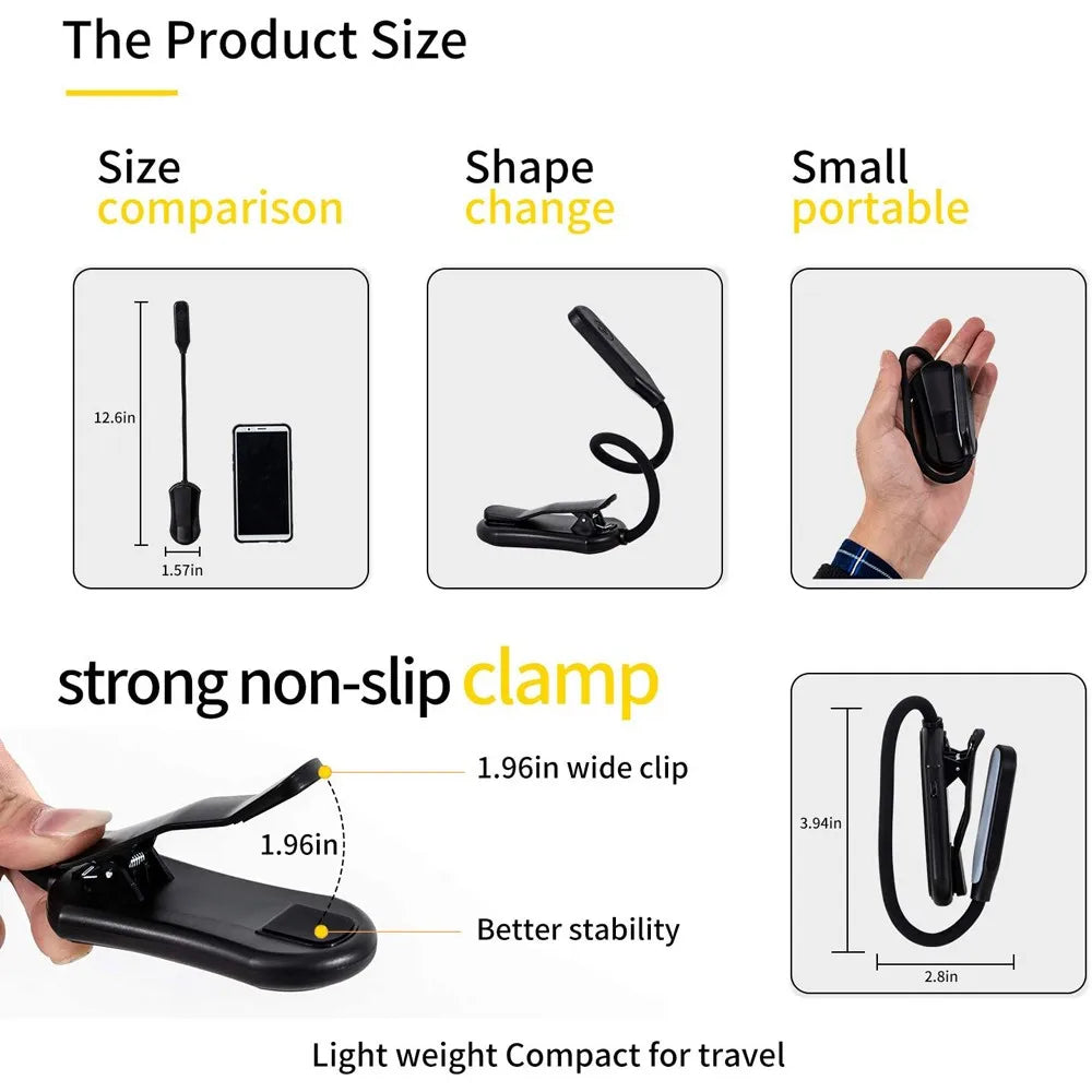 LED Book Light USB Rechargeable Reading Light 3-Level Warm Cool White Daylight Portable Flexible Easy Clip Night Reading Lamp