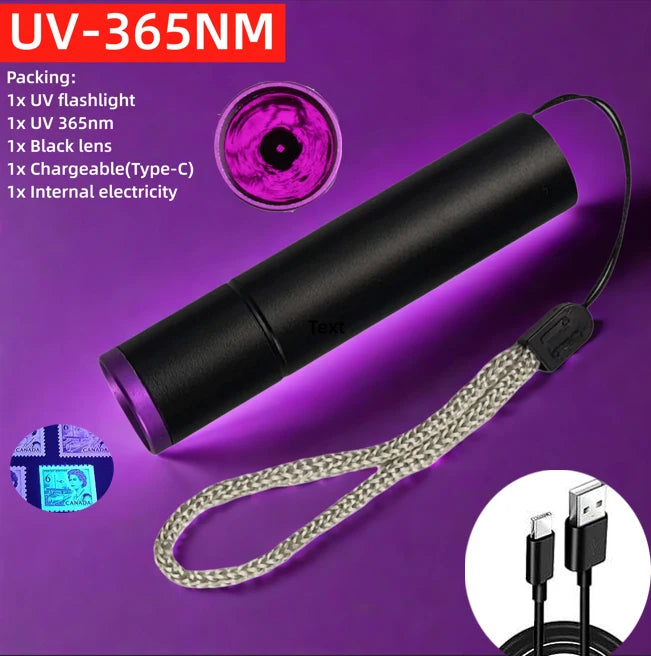 TOPCOM USB Rechargeable UV Flashlight 365nm UV Light 3W Ultraviolet LED Lantern With Black Filter Lens Money Pet Urine Detect