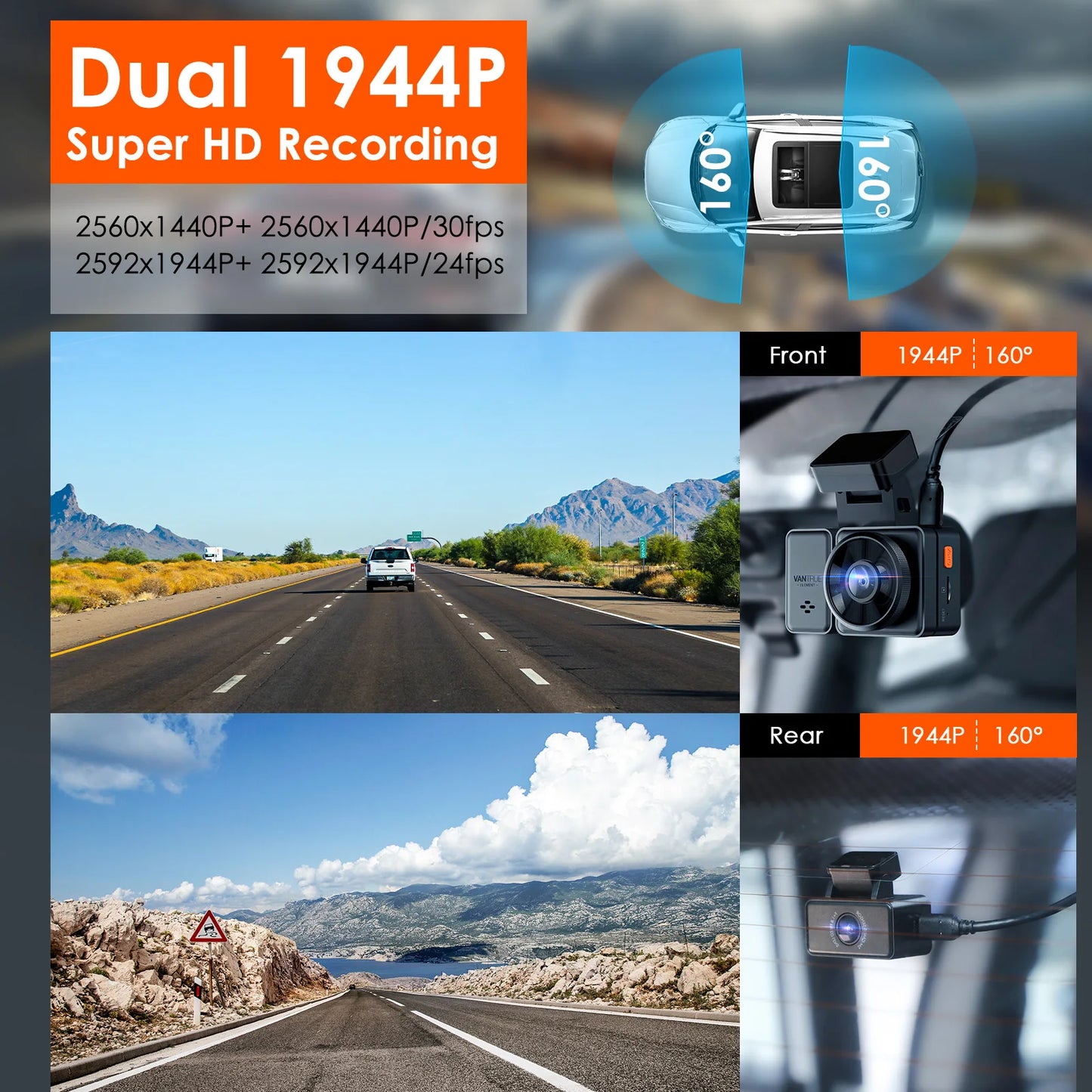 Vantrue E2 Dashcam Front and Rear 2.7K + 2.7K Dual Dash Camera Voice Control WiFi GPS Night Vision 2.0 24H Parking Mode