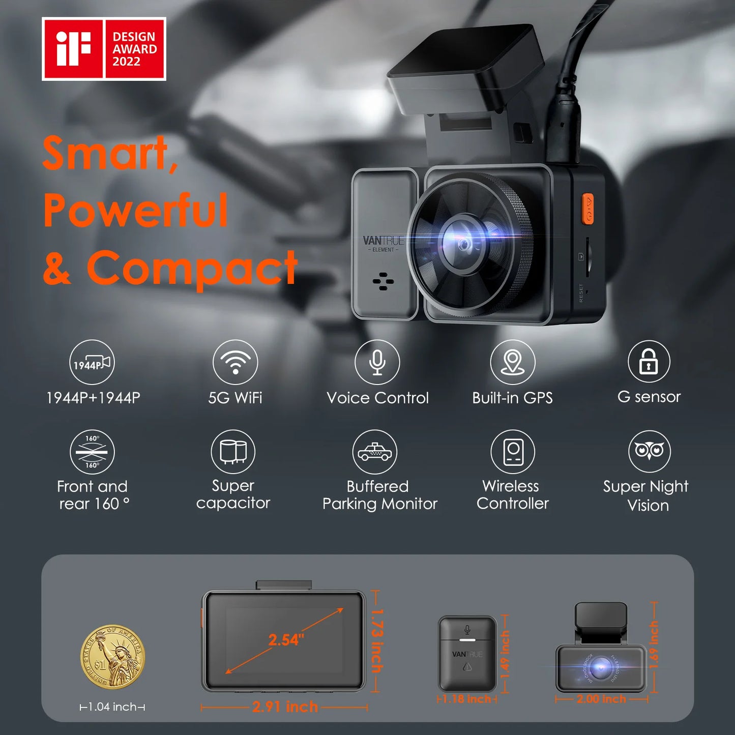 Vantrue E2 Dashcam Front and Rear 2.7K + 2.7K Dual Dash Camera Voice Control WiFi GPS Night Vision 2.0 24H Parking Mode