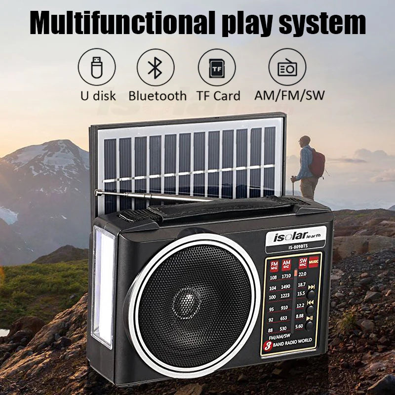 Portable JS-5966-Solar FM/AM/SW Radio Solar Charging Multi Band Emergency Radios Bluetooth Speaker with Flashlight TF USB