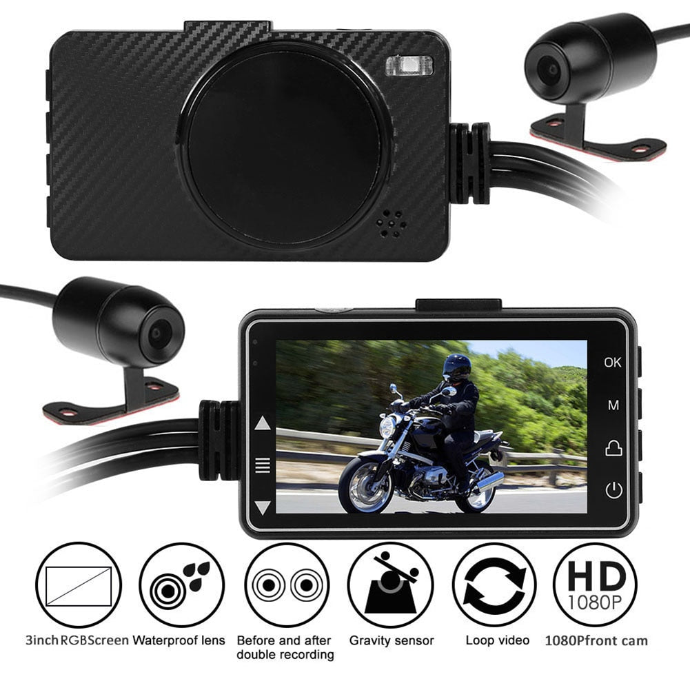 Motorcycle DVR Dash Camera with a 2 inch Display Cam with Front and Rear View.