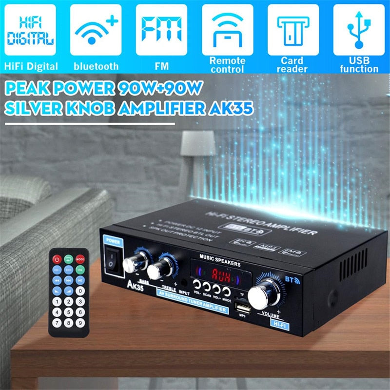 Stereo Amplifier 2 Channel Bluetooth 5.0 Surround Sound FM, USB, Remote Control