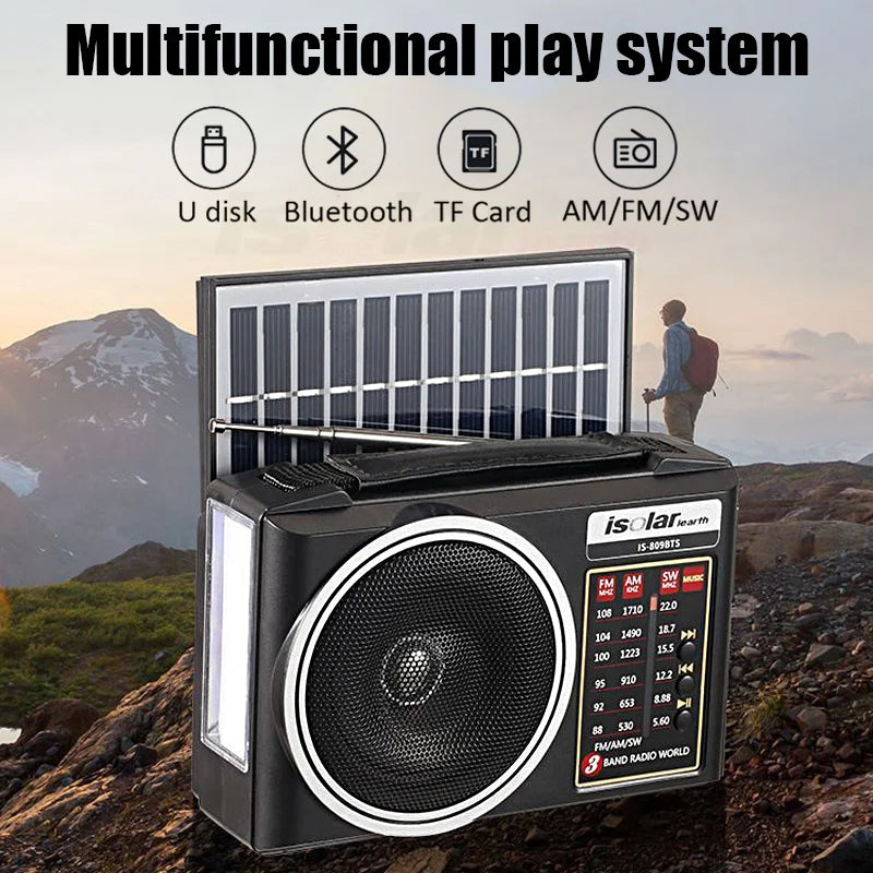 Portable JS-5966-Solar FM/AM/SW Radio Solar Charging Multi Band Emergency Radios Bluetooth Speaker with Flashlight TF USB
