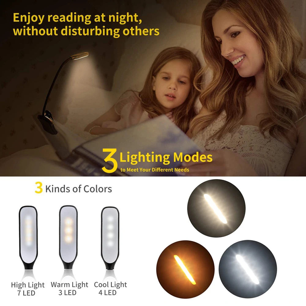 LED Book Light USB Rechargeable Reading Light 3-Level Warm Cool White Daylight Portable Flexible Easy Clip Night Reading Lamp