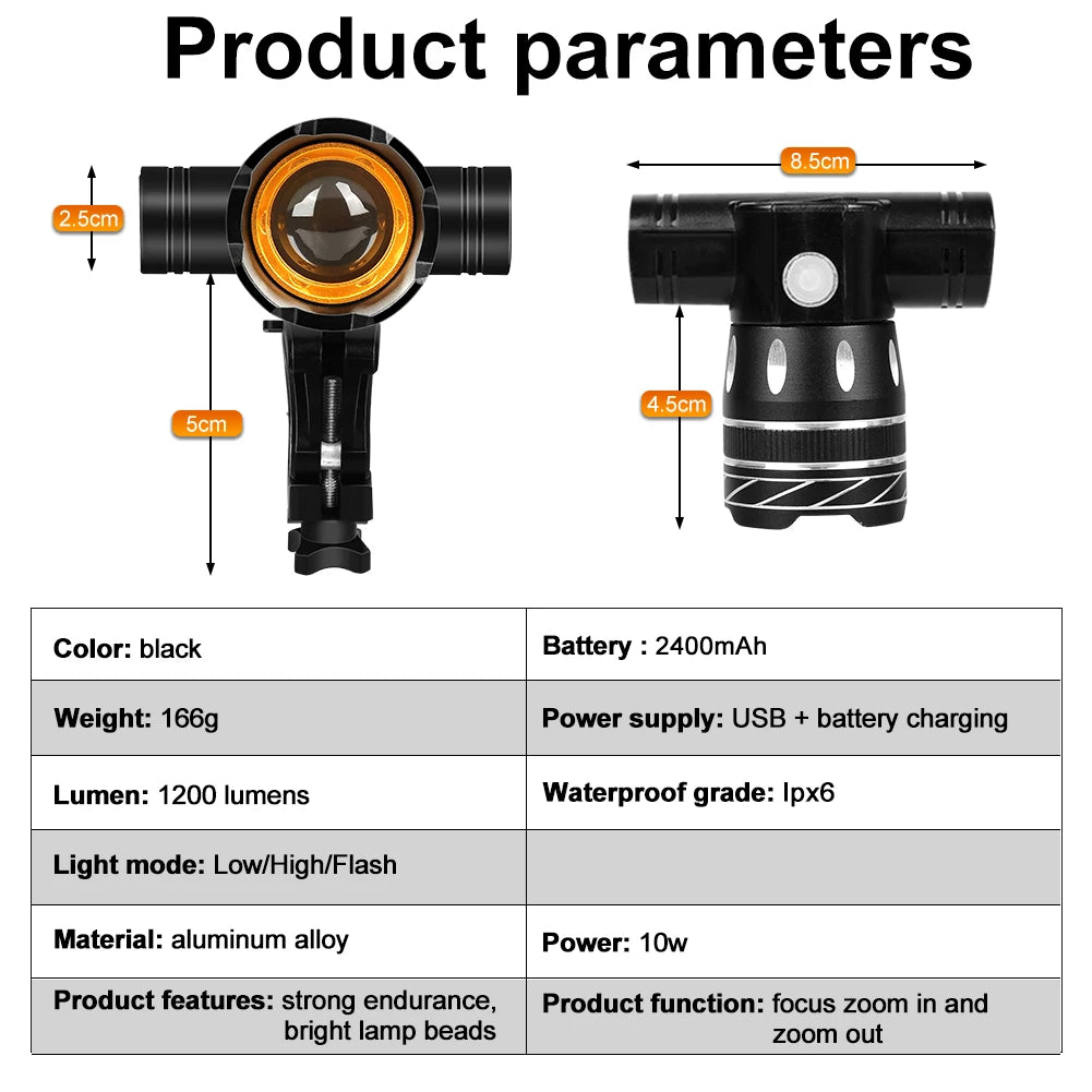 LED Bicycle Front Light 2400mAh USB Rechargeable MTB Bike Headlight Taillight Lamp Aluminum Alloy Cycling Flashlight Lantern